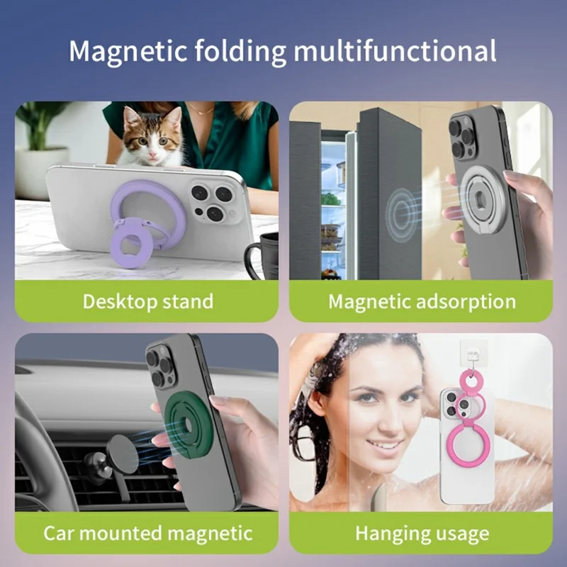 Support magnétique à rotation de 360 degrés, anneau de poignée, pieds repliables, support métallique pour téléphone - Violet