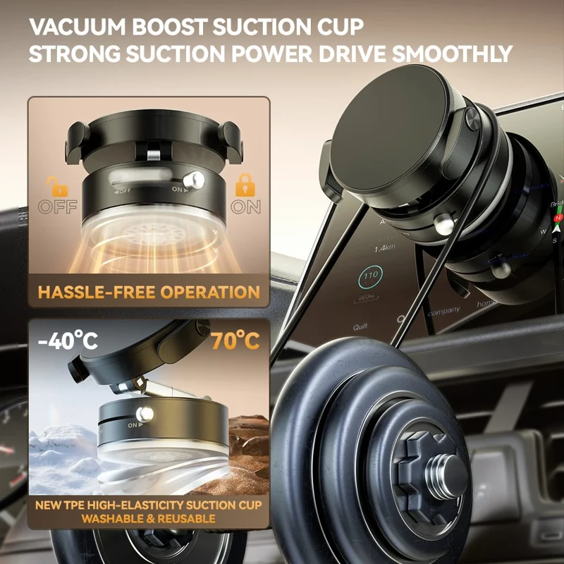 A9 360° Rotation Vacuum Magnetic Phone Holder Clip Arm Foldable Car Mount with Suction Cup (No Glue) - Black
