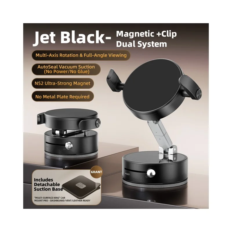 A9 360° Rotation Vacuum Magnetic Phone Holder Clip Arm Foldable Car Mount with Suction Cup (No Glue) - Black