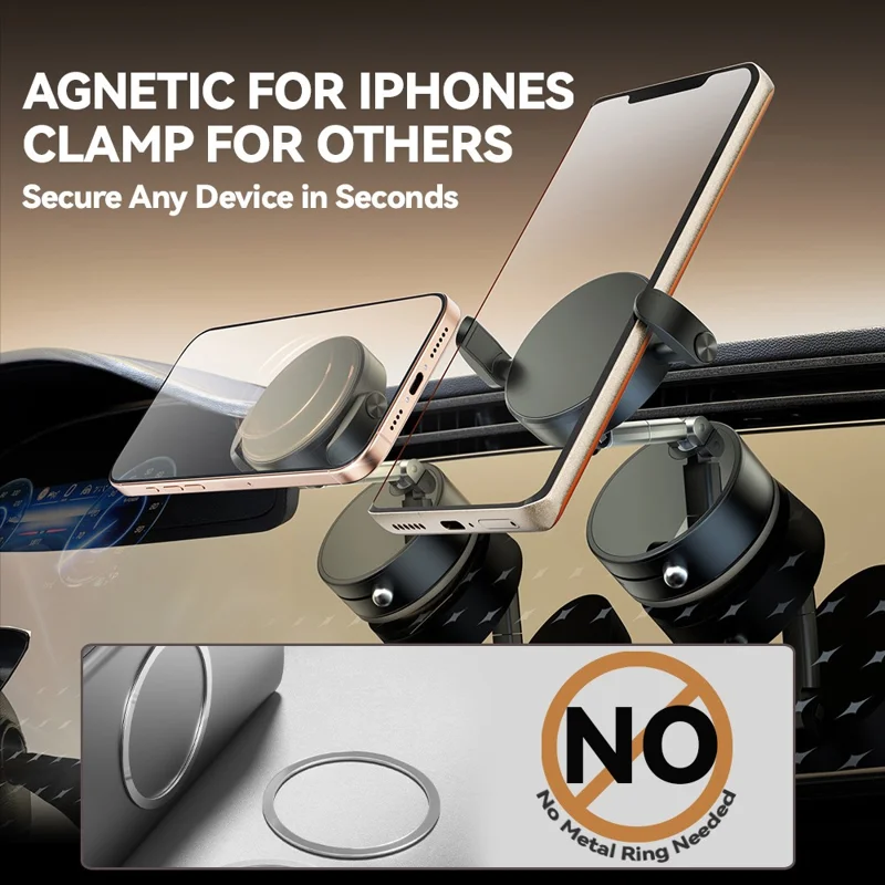 A9 360° Rotation Vacuum Magnetic Phone Holder Clip Arm Foldable Car Mount with Suction Cup (No Glue) - Black