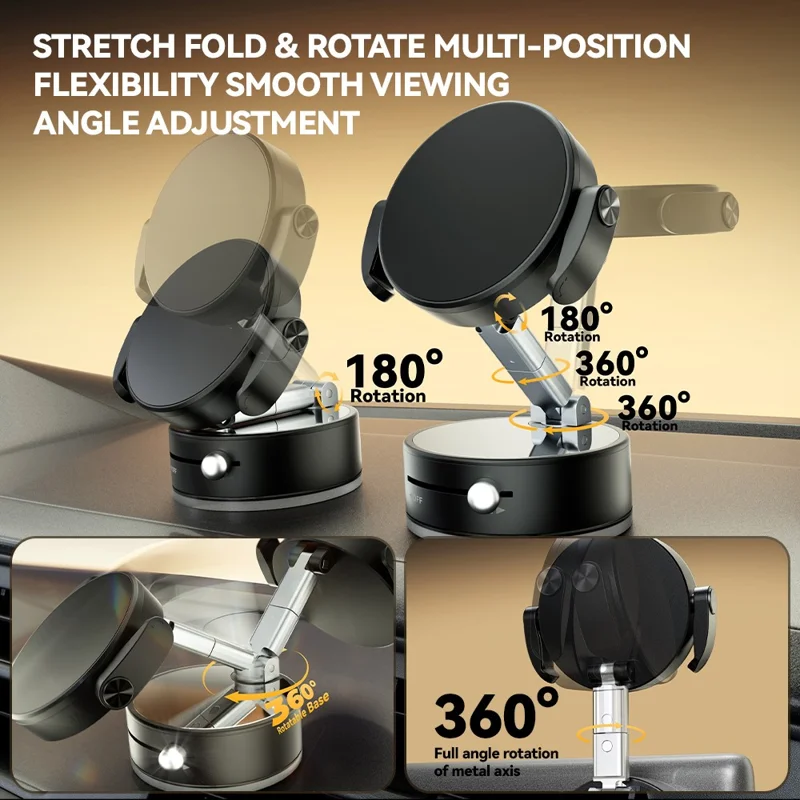 A9 360° Rotation Vacuum Magnetic Phone Holder Clip Arm Foldable Car Mount with Suction Cup (No Glue) - Black