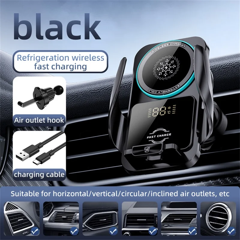 SD35 Smart Semiconductor Cooling Car Phone Holder 15W Fast Wireless Charging Vent Phone Mount with RGB Light - Black