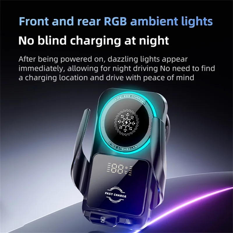 SD35 Smart Semiconductor Cooling Car Phone Holder 15W Fast Wireless Charging Vent Phone Mount with RGB Light - Black