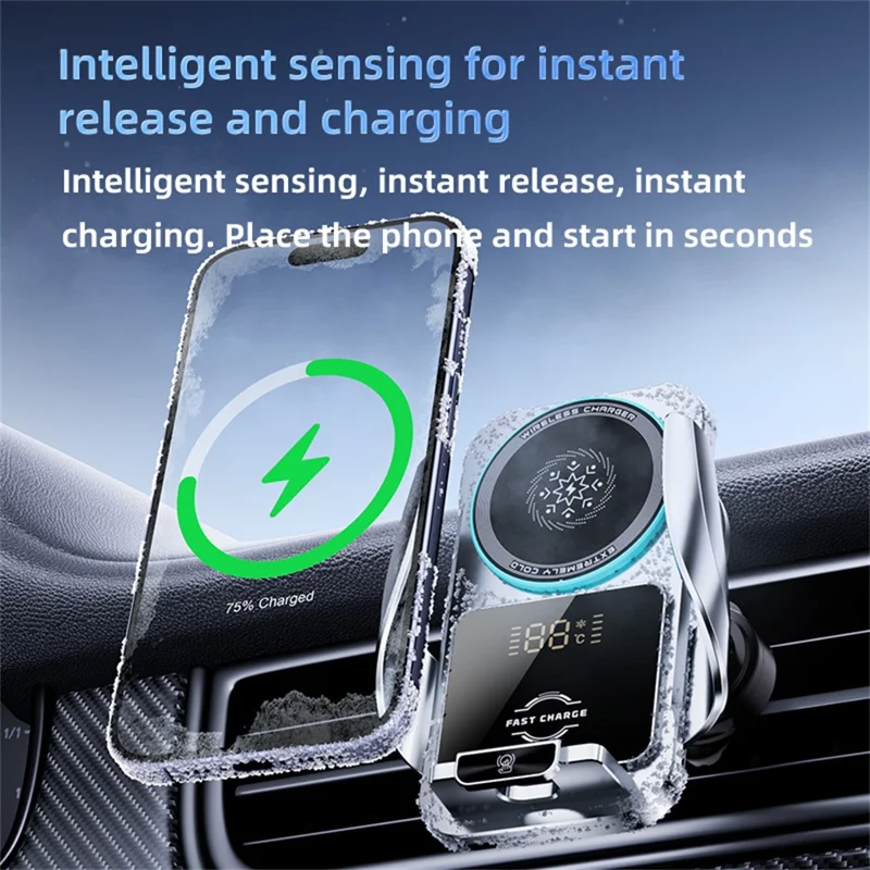 SD35 Smart Semiconductor Cooling Car Phone Holder 15W Fast Wireless Charging Vent Phone Mount with RGB Light - Silver