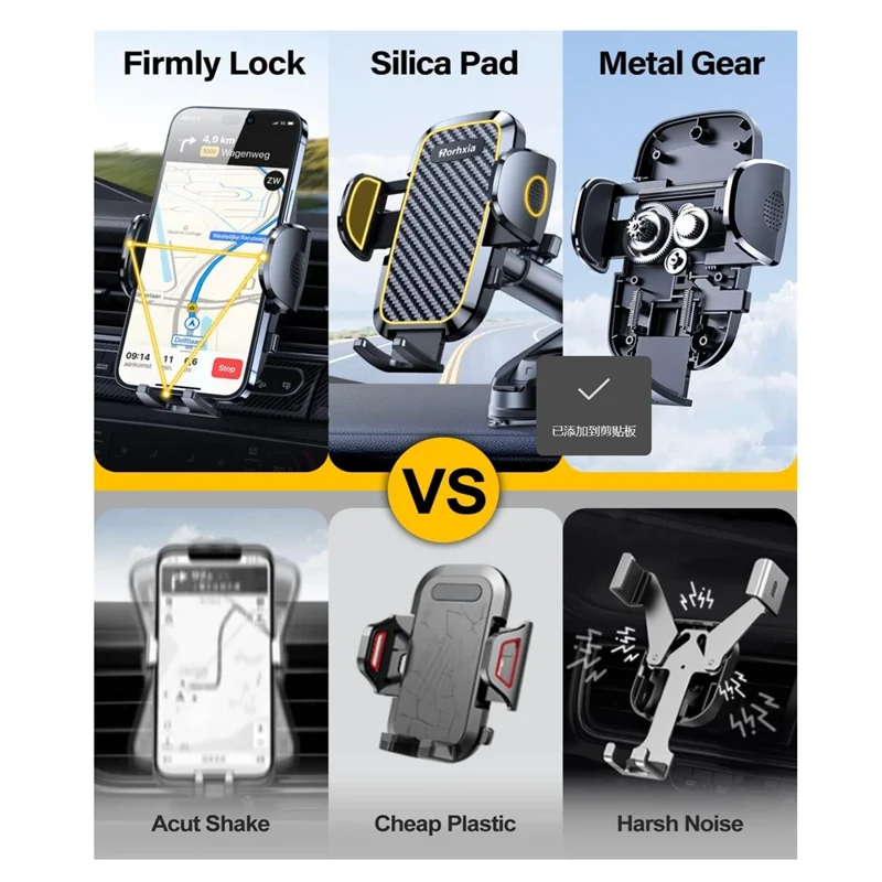 RORHXIA 3 in 1 Car Phone Holder 360 Degree Rotation Suction Cup Windshield Dashboard Air Vent Mount - Black