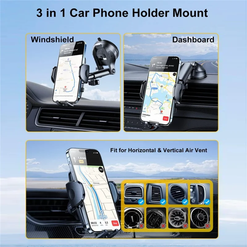 RORHXIA 3 in 1 Car Phone Holder 360 Degree Rotation Suction Cup Windshield Dashboard Air Vent Mount - Black