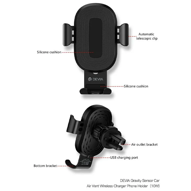 DEVIA EA194 Gravity Sensor Car Air Vent Mount Wireless Charger Phone Holder Stand - Black