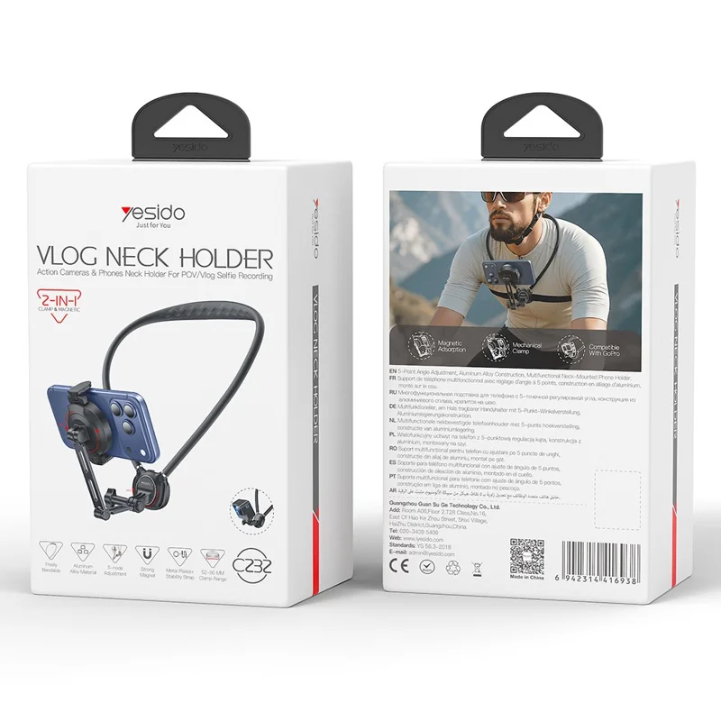YESIDO C232 Magnetic Neck Phone Holder for iPhone / GoPro Action Camera Hands-free Mount Stand - Black