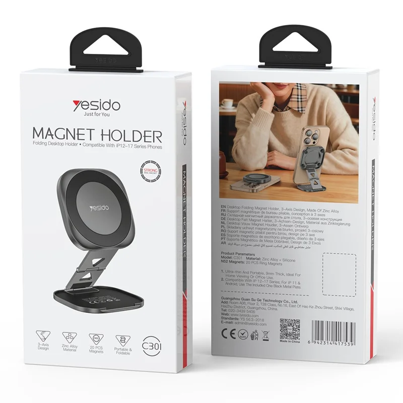 Support Téléphone Magnétique Pliable YESIDO C301 C301 Support de Bureau à Charnière à Amortissement 3 Étapes - Inoxydable