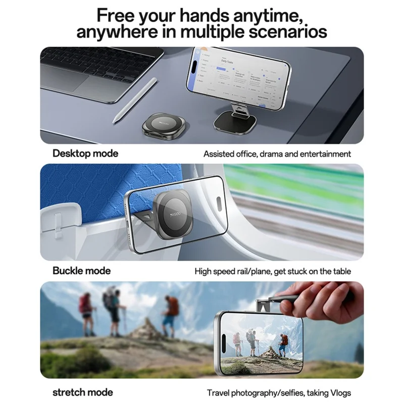 Support Téléphone Magnétique Pliable YESIDO C301 C301 Support de Bureau à Charnière à Amortissement 3 Étapes - Inoxydable