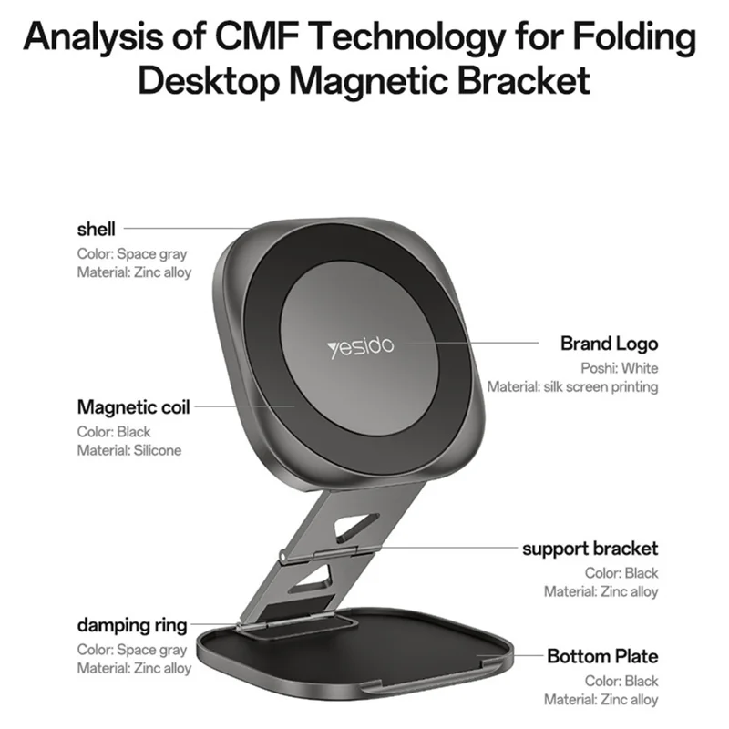 Support Téléphone Magnétique Pliable YESIDO C301 C301 Support de Bureau à Charnière à Amortissement 3 Étapes - Inoxydable