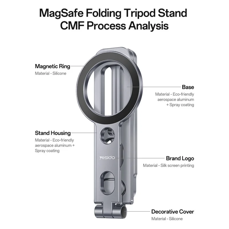 YESIDO C231 Folding Tripod Stand Aluminum Alloy Portable Magnetic Phone Desktop Support Selfie Stick - Tarnish