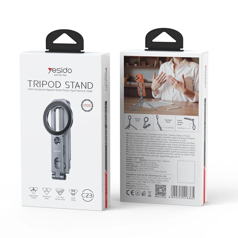 YESIDO C231 Folding Tripod Stand Aluminum Alloy Portable Magnetic Phone Desktop Support Selfie Stick - Tarnish