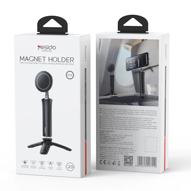 YESIDO C233 Magnetic Phone Tripod Telescopic Clip-on Desktop Holder Stand for Selfie Live Streaming - Black