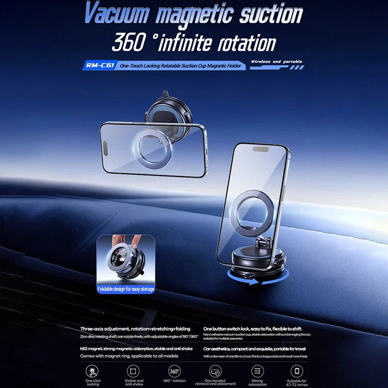 REMAX RM-C61 One Touch Locking Magnetic Car Mount Rotating Vacuum Suction Cup Phone Holder - Black