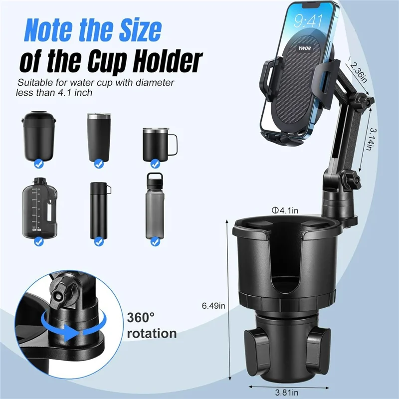 YWOR 2 in 1 Cup Holder Phone Mount 360 Degree Rotating Quick Release Car Cellphone Holder Stand - Black