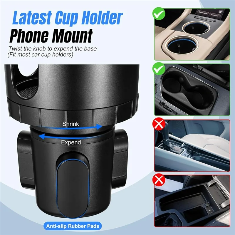 YWOR 2 in 1 Cup Holder Phone Mount 360 Degree Rotating Quick Release Car Cellphone Holder Stand - Black