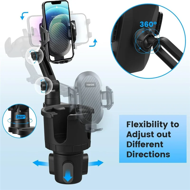 YWOR 2 in 1 Cup Holder Phone Mount 360 Degree Rotating Quick Release Car Cellphone Holder Stand - Black