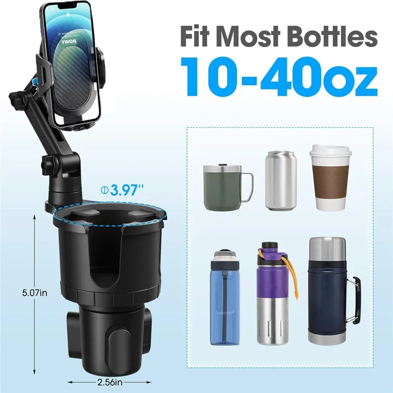 YWOR 2 in 1 Cup Holder Phone Mount 360 Degree Rotating Quick Release Car Cellphone Holder Stand - Black