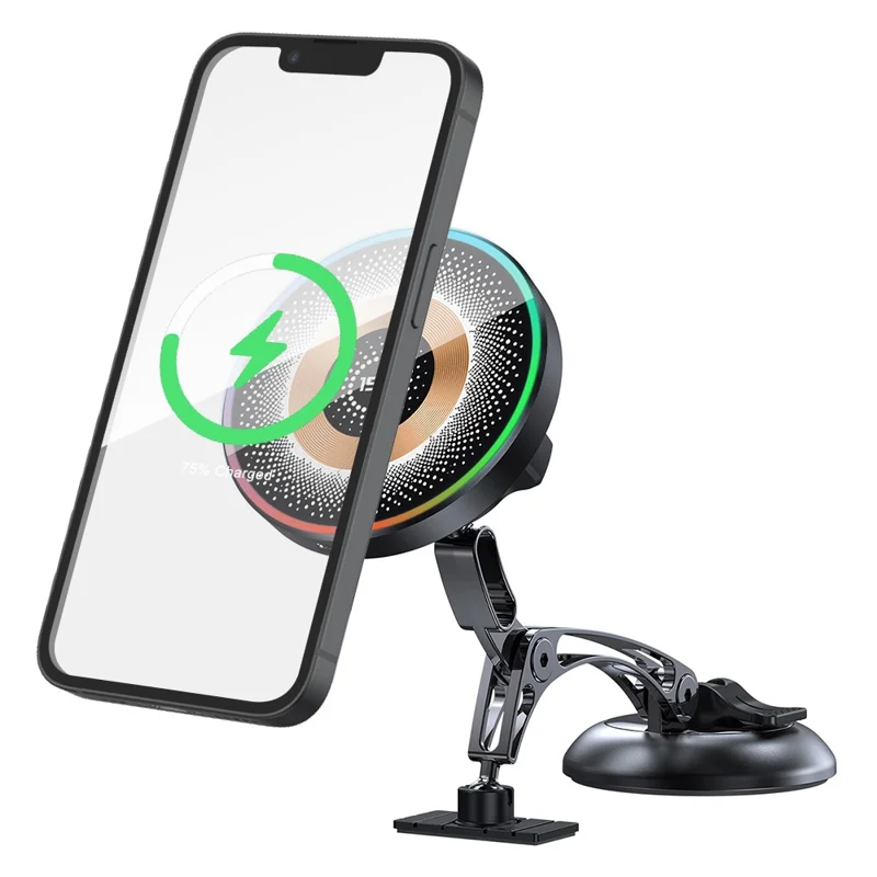 QH-AKD248 Magnetic Wireless Charging Car Phone Holder with Vacuum Suction 15W Fast Charging Cellphone Mount for Dashboard / Windshield - Black
