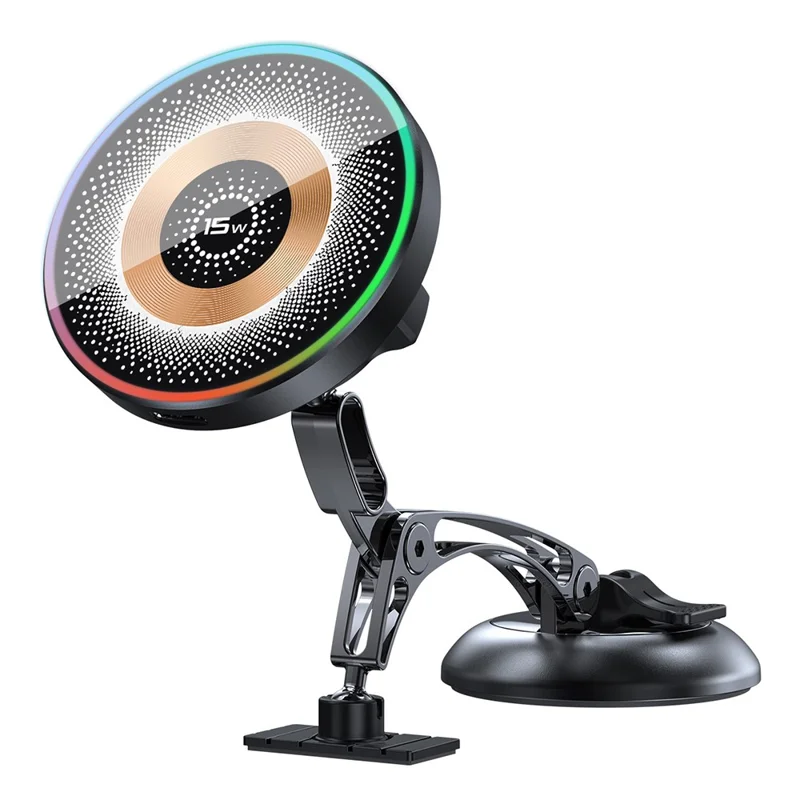 QH-AKD248 Magnetic Wireless Charging Car Phone Holder with Vacuum Suction 15W Fast Charging Cellphone Mount for Dashboard / Windshield - Black
