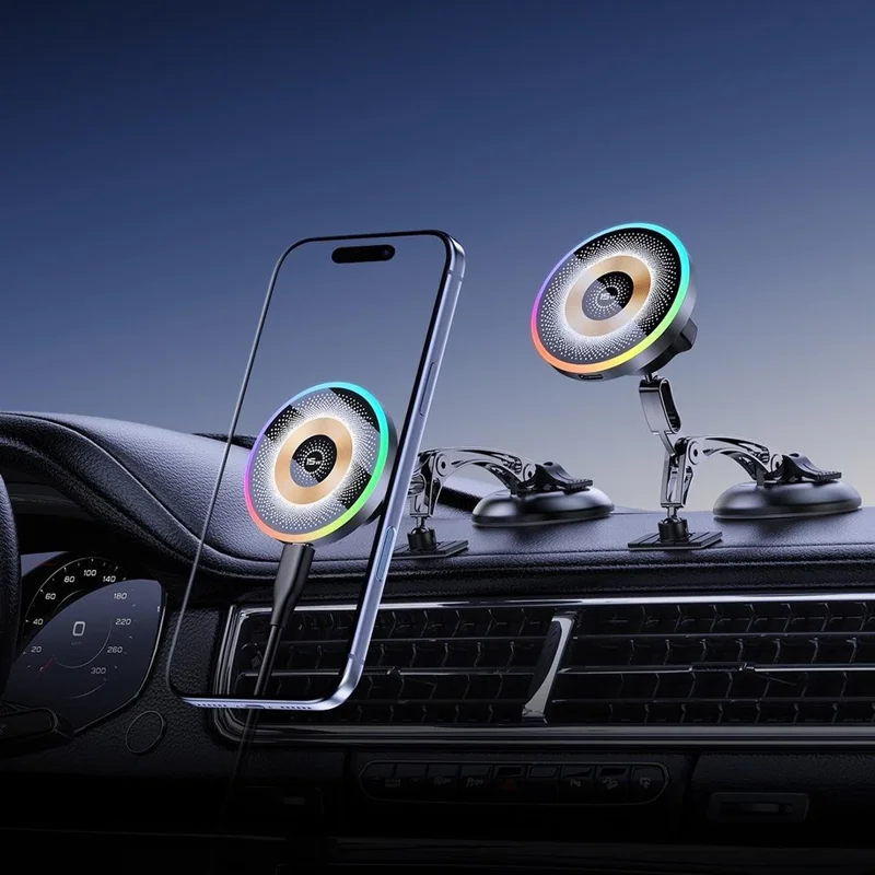 QH-AKD248 Magnetic Wireless Charging Car Phone Holder with Vacuum Suction 15W Fast Charging Cellphone Mount for Dashboard / Windshield - Black