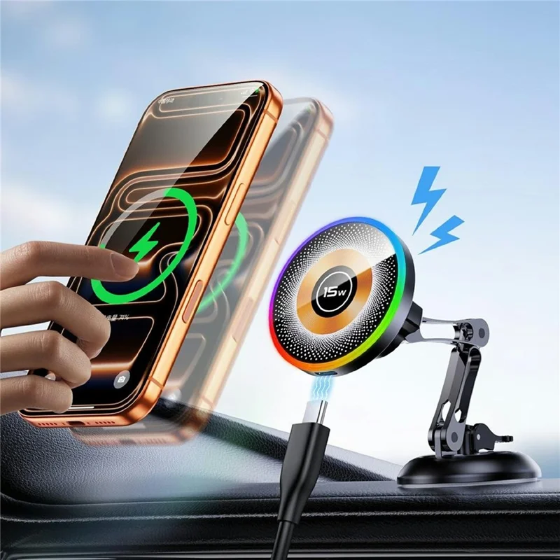 AKD255 15W Wireless Charging Car Mount Magnetic Phone Holder Stand for Dashboard Windshield - Black