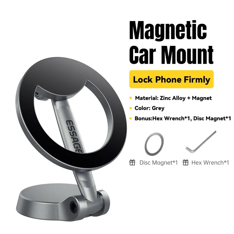 Soporte de Coche Magnético ESSAGER 360 Grados Rotable para Teléfono para Salpicadero y Parabrisas - Gris