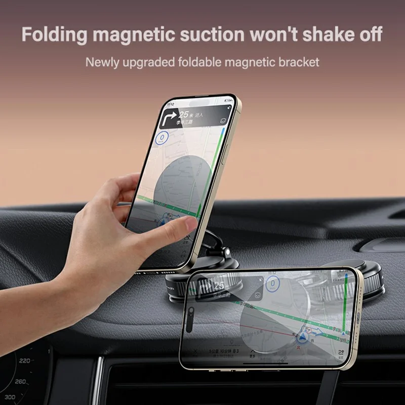 H30 Suction Cup Base Car Phone Holder Foldable Dashboard Windshield Mount Magnetic Cellphone Stand - Black