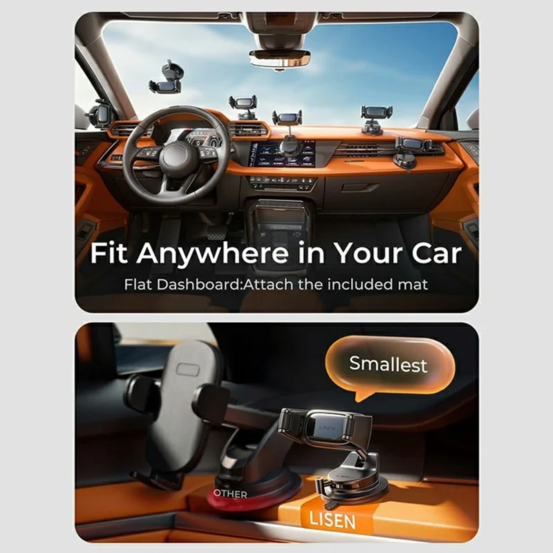 LISEN A609 Car Phone Mount Suction Cup Dashboard Cellphone Holder for 4-7 inch Phones - Black