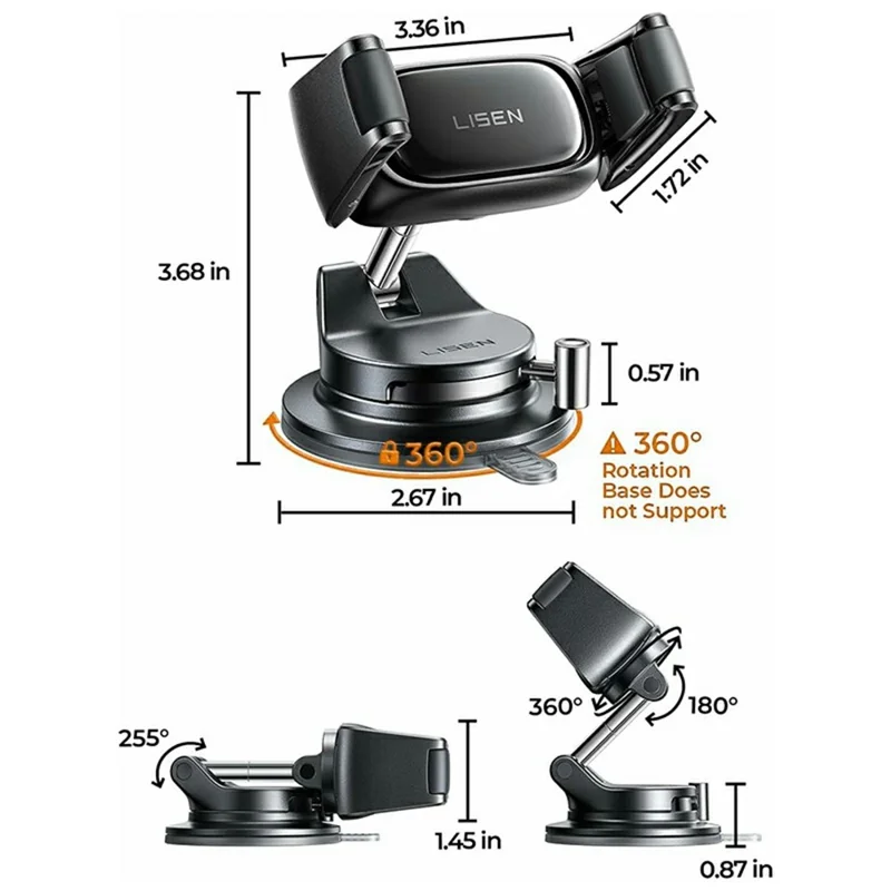 LISEN A609 Car Phone Mount Suction Cup Dashboard Cellphone Holder for 4-7 inch Phones - Black