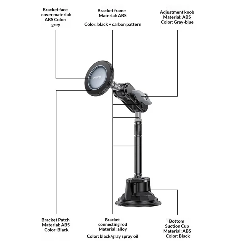 YESIDO C282 Compatible with MagSafe Long Rod Magnetic Phone Stand Mount 360° Adjustable Suction Cup Dashboard Car Holder for Navigation Recording