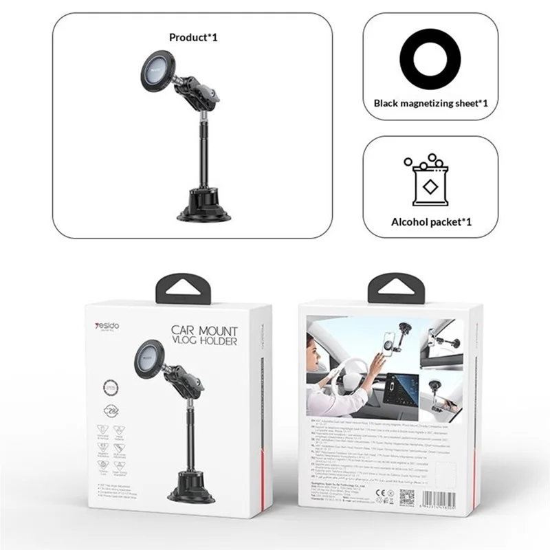 YESIDO C282 Compatible with MagSafe Long Rod Magnetic Phone Stand Mount 360° Adjustable Suction Cup Dashboard Car Holder for Navigation Recording