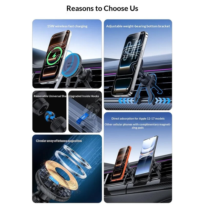YESIDO C319 15W Magnetic Wireless Charging Car Mount Air Vent Phone Holder for iPhone 12-17 - Black