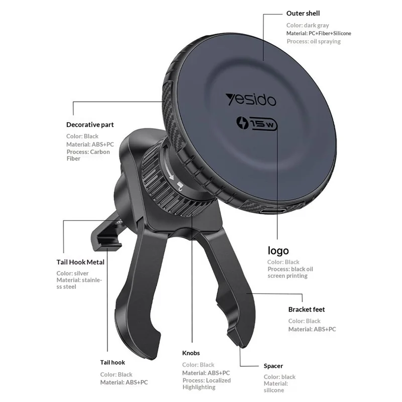 YESIDO C319 15W Magnetic Wireless Charging Car Mount Air Vent Phone Holder for iPhone 12-17 - Black