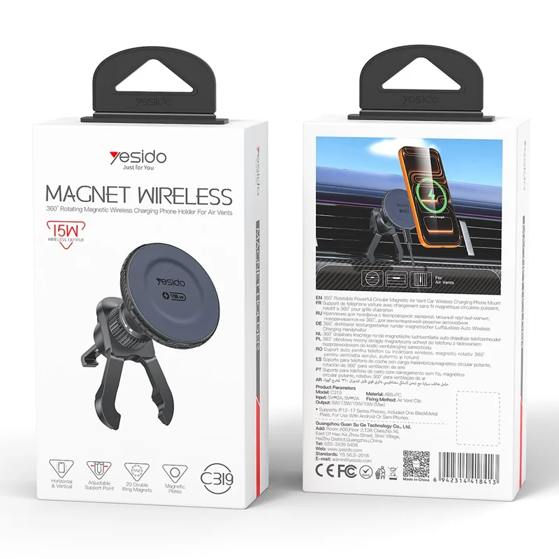 YESIDO C319 15W Magnetic Wireless Charging Car Mount Air Vent Phone Holder for iPhone 12-17 - Black