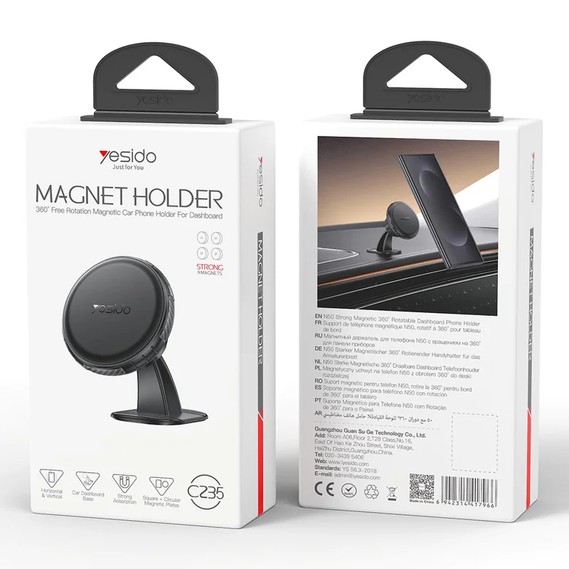 YESIDO C235 Magnetic Car Phone Mount 360 Degrees Rotation Dashboard Stand with 2Pcs Magnetic Sheets