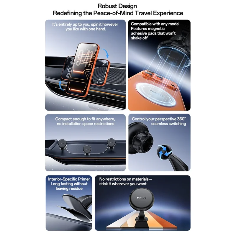 YESIDO C235 Magnetic Car Phone Mount 360 Degrees Rotation Dashboard Stand with 2Pcs Magnetic Sheets