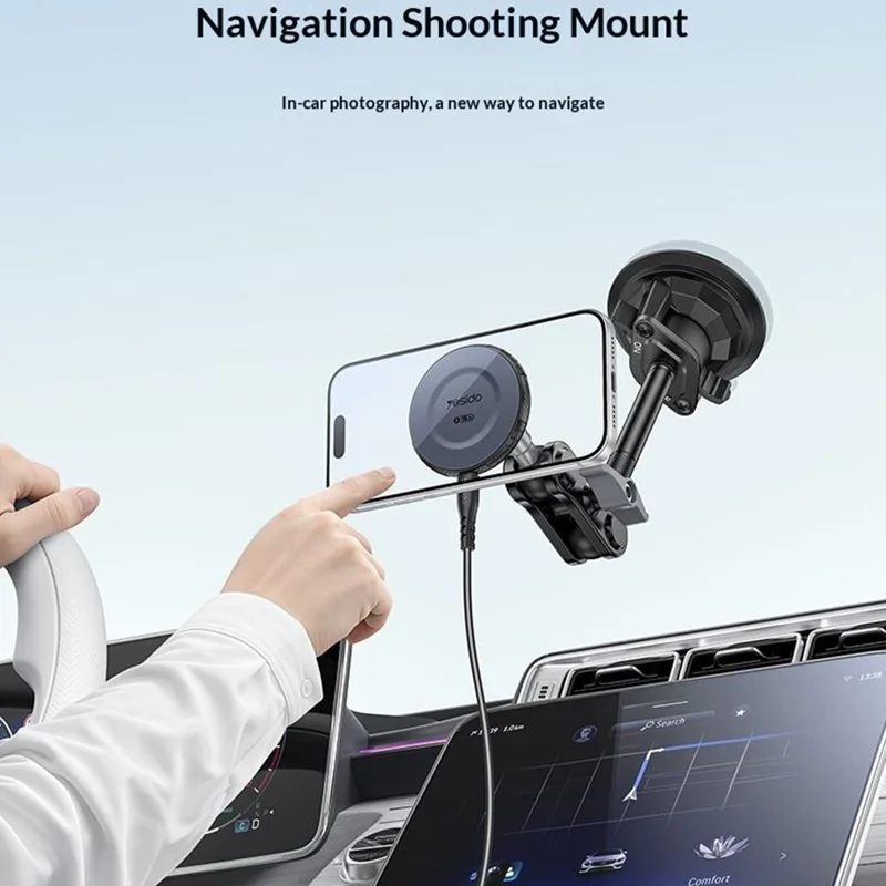 YESIDO C323 15W Wireless Charging Long Arm Magnetic Phone Holder with Suction Cup Base for Car Dashboard Windshield - Black