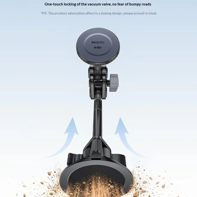 YESIDO C323 15W Wireless Charging Long Arm Magnetic Phone Holder with Suction Cup Base for Car Dashboard Windshield - Black