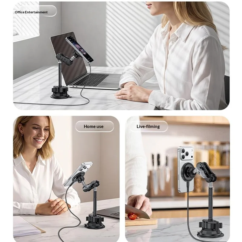 YESIDO C323 15W Wireless Charging Long Arm Magnetic Phone Holder with Suction Cup Base for Car Dashboard Windshield - Black