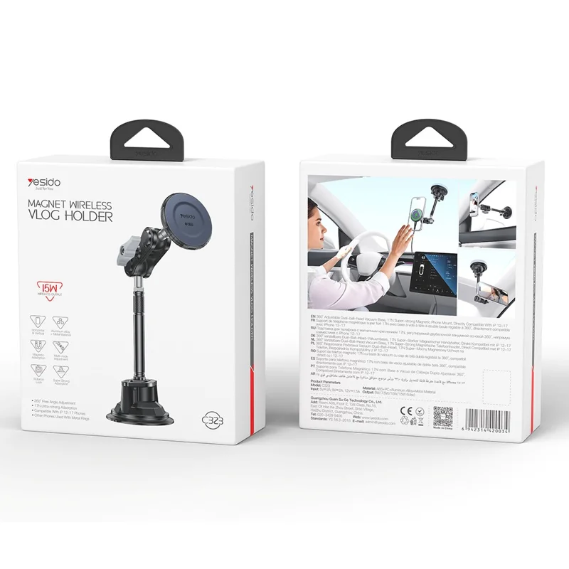 YESIDO C323 15W Wireless Charging Long Arm Magnetic Phone Holder with Suction Cup Base for Car Dashboard Windshield - Black
