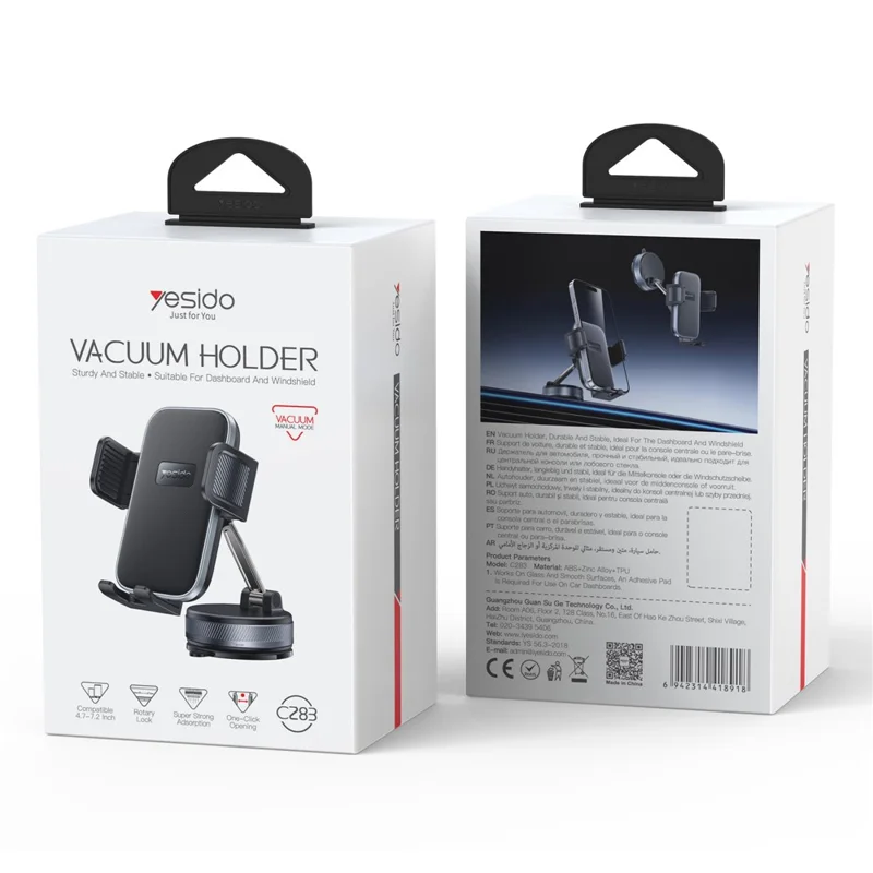 YESIDO C283 Vacuum Suction Cup Phone Holder One Touch Clamp 360 Degrees Rotating Car Mount Stand for Dashboard Windshield