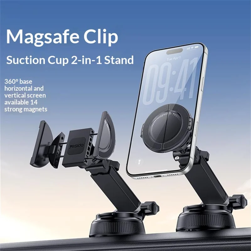 YESIDO C280 2-in-1 Suction Cup Car Phone Mount Compatible with MagSafe Magnetic 360 Degrees Rotating Holder for Dashboard Windshield - Black