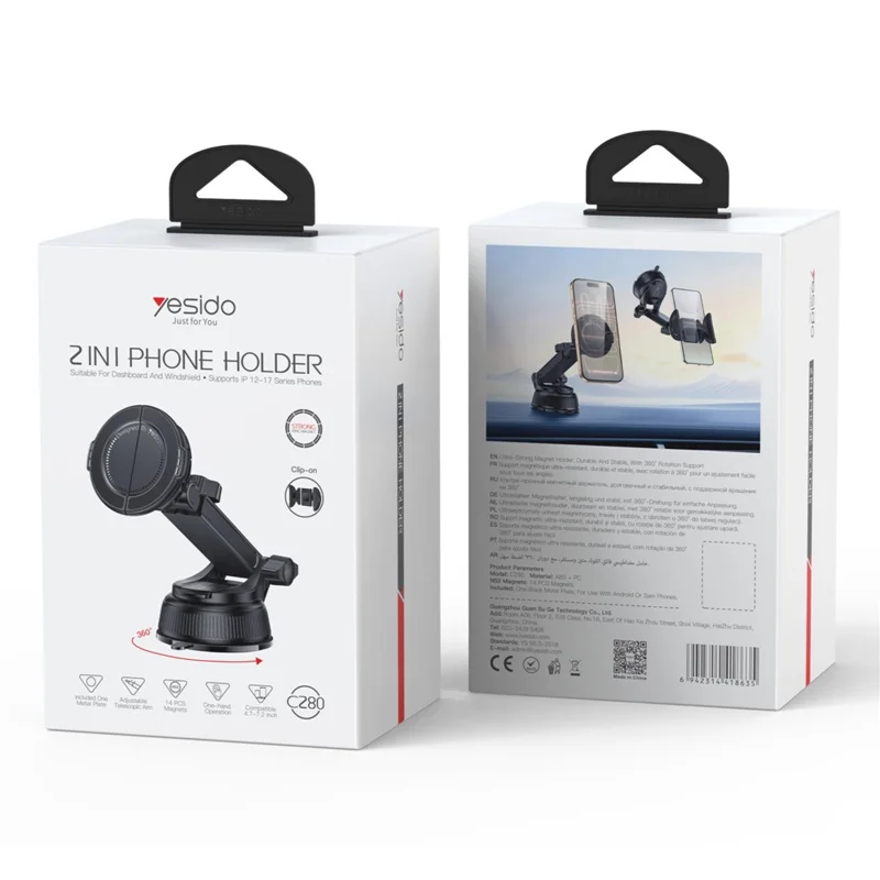 YESIDO C280 2-in-1 Suction Cup Car Phone Mount Compatible with MagSafe Magnetic 360 Degrees Rotating Holder for Dashboard Windshield - Black