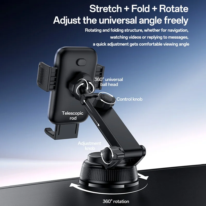 YESIDO C278 Suction Cup Car Phone Holder 360 Degree Rotating Ball One Hand Operation Telescopic Arm Mount for Dashboard