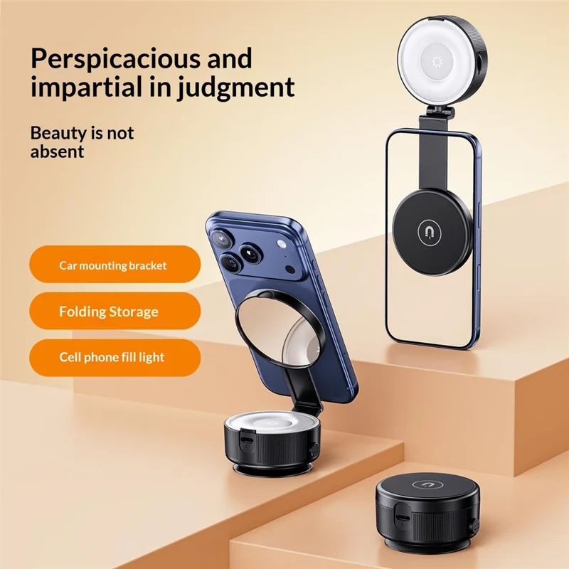 X99 3-in-1 Phone Stand with LED Fill Light & Makeup Mirror Foldable Car Mount Vacuum Suction Cup Holder - Black