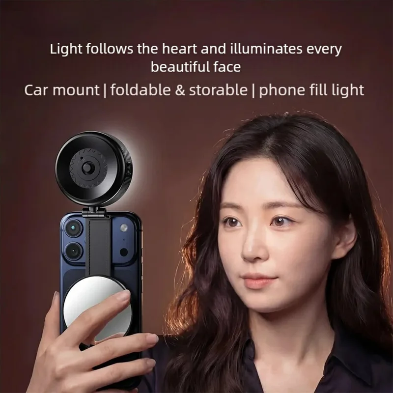 X99 3-in-1 Phone Stand with LED Fill Light & Makeup Mirror Foldable Car Mount Vacuum Suction Cup Holder - Black