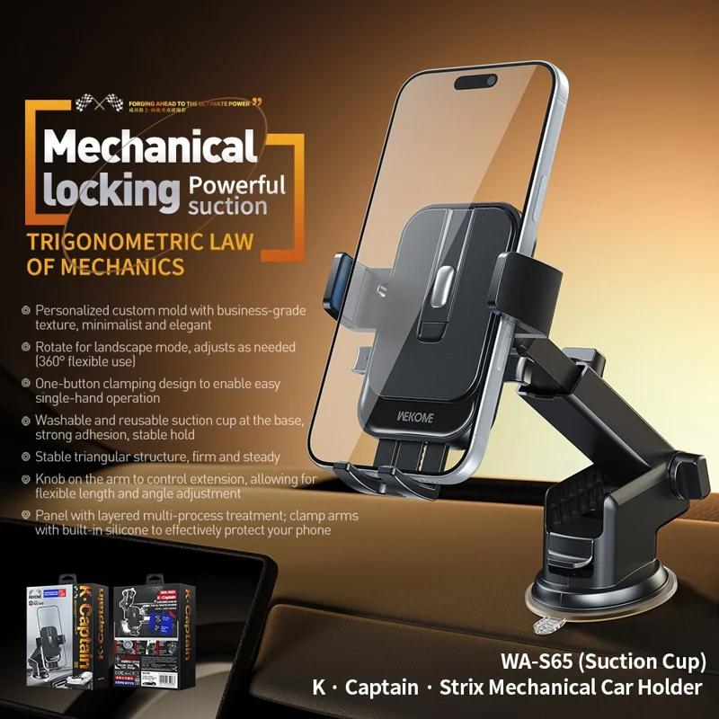 WEKOME WA-S65 Car Mount Holder 360 Degree Rotation Mechanical Suction Cup Dashboard Windshield Phone Stand for 4.7-7.2 Inch Devices - Black