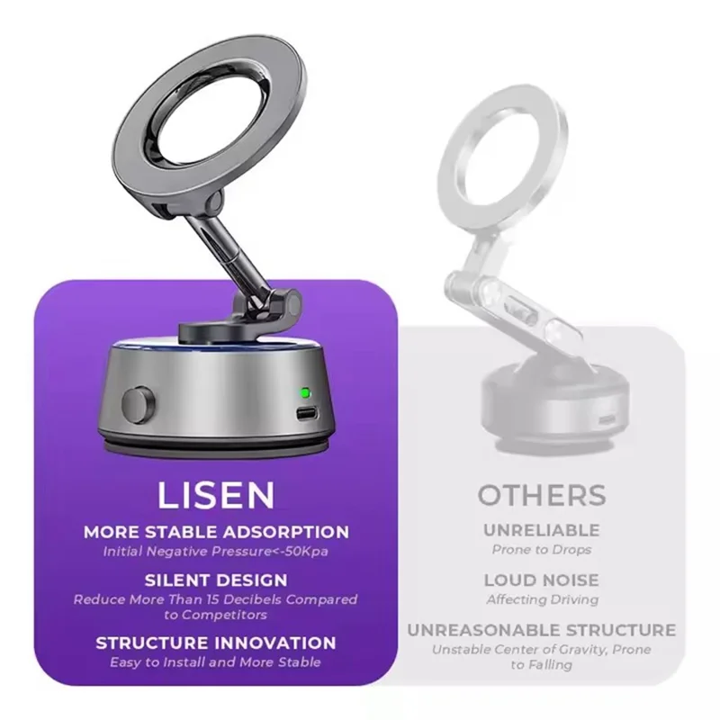 LISEN A690 4-Axis Adjustment Electric Suction Cup Phone Holder 360Degree Rotating Magnetic Car Mount for Dashboard Windshield - Black